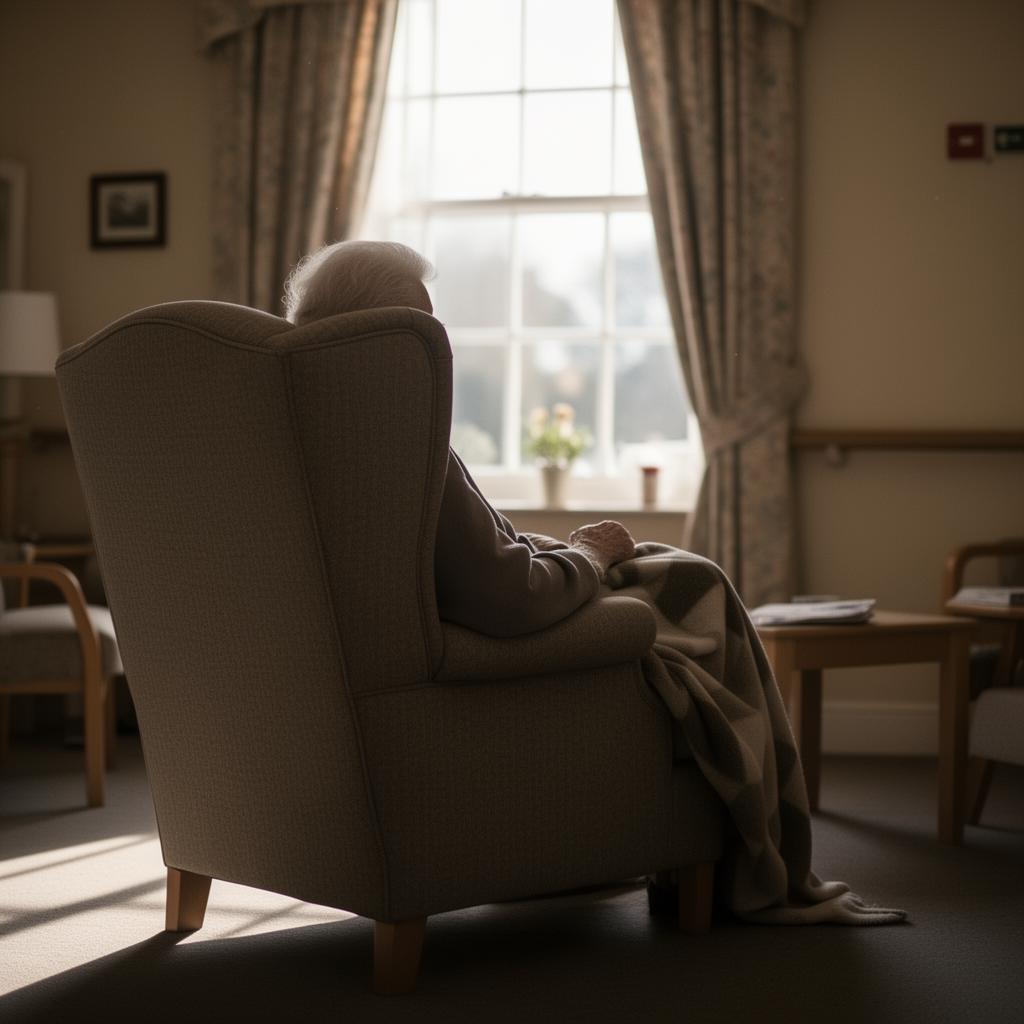 Carer sitting calmly with a resident in the afternoon sun
