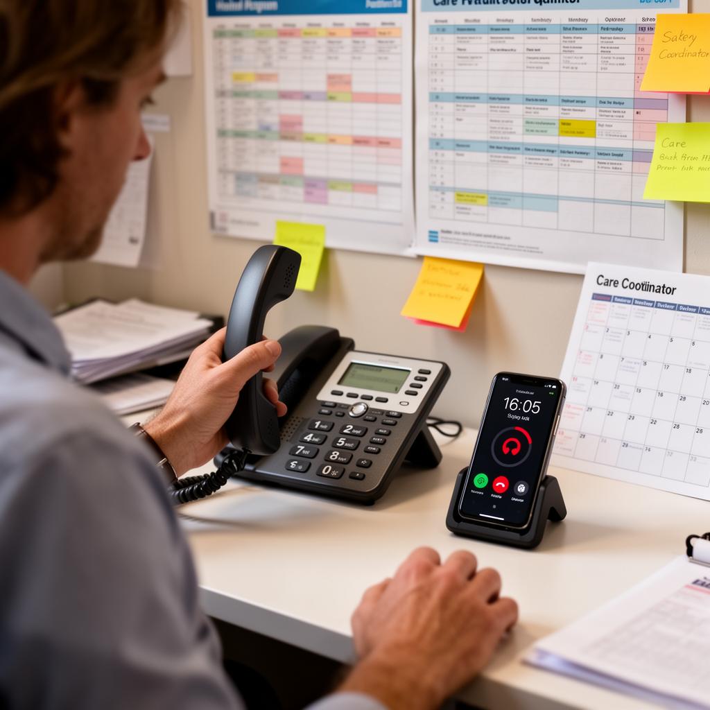 Care coordinator at a busy office desk with two phones ringing