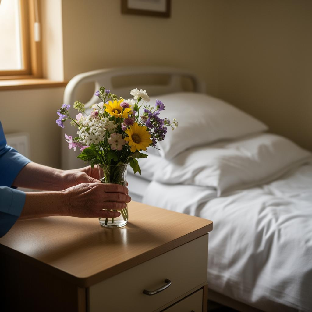 Carer adjusting a vase of flowers at a bedside