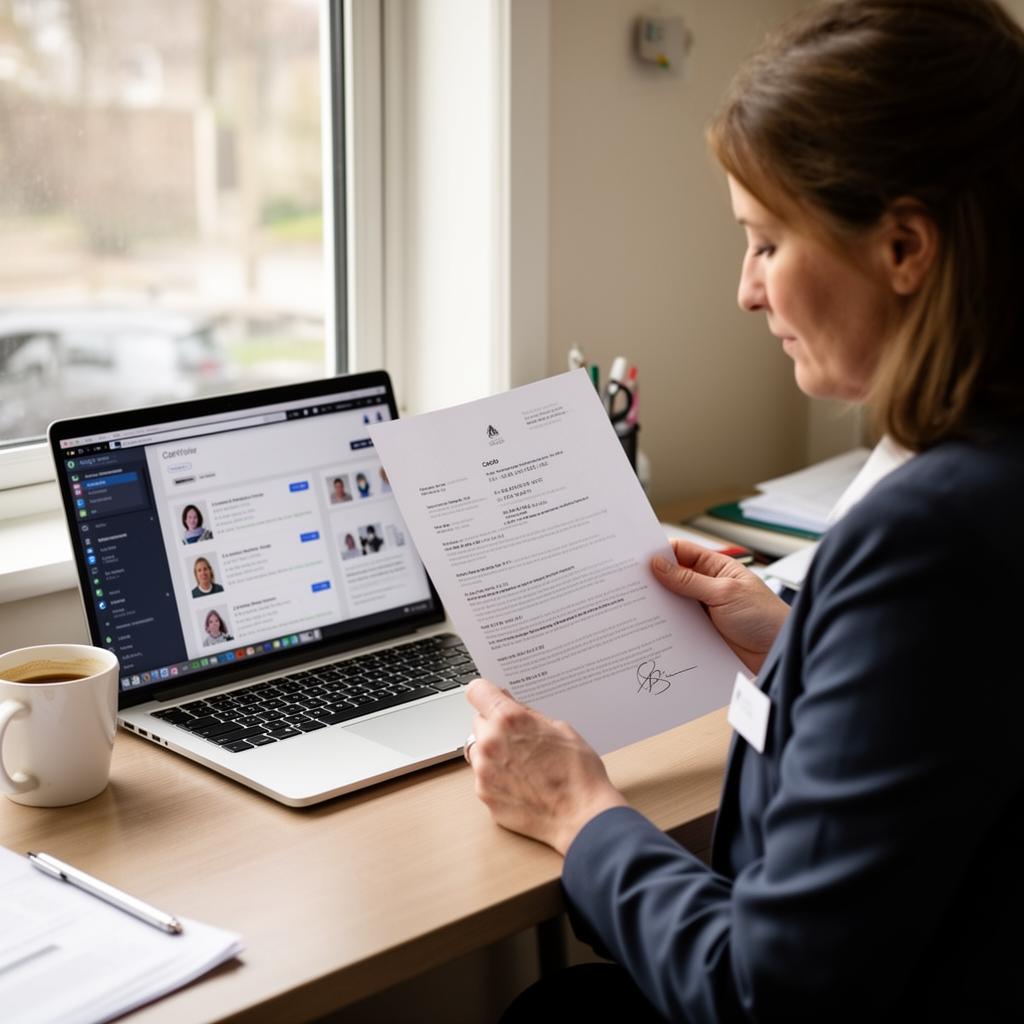 Care manager reviewing carer profiles on a laptop