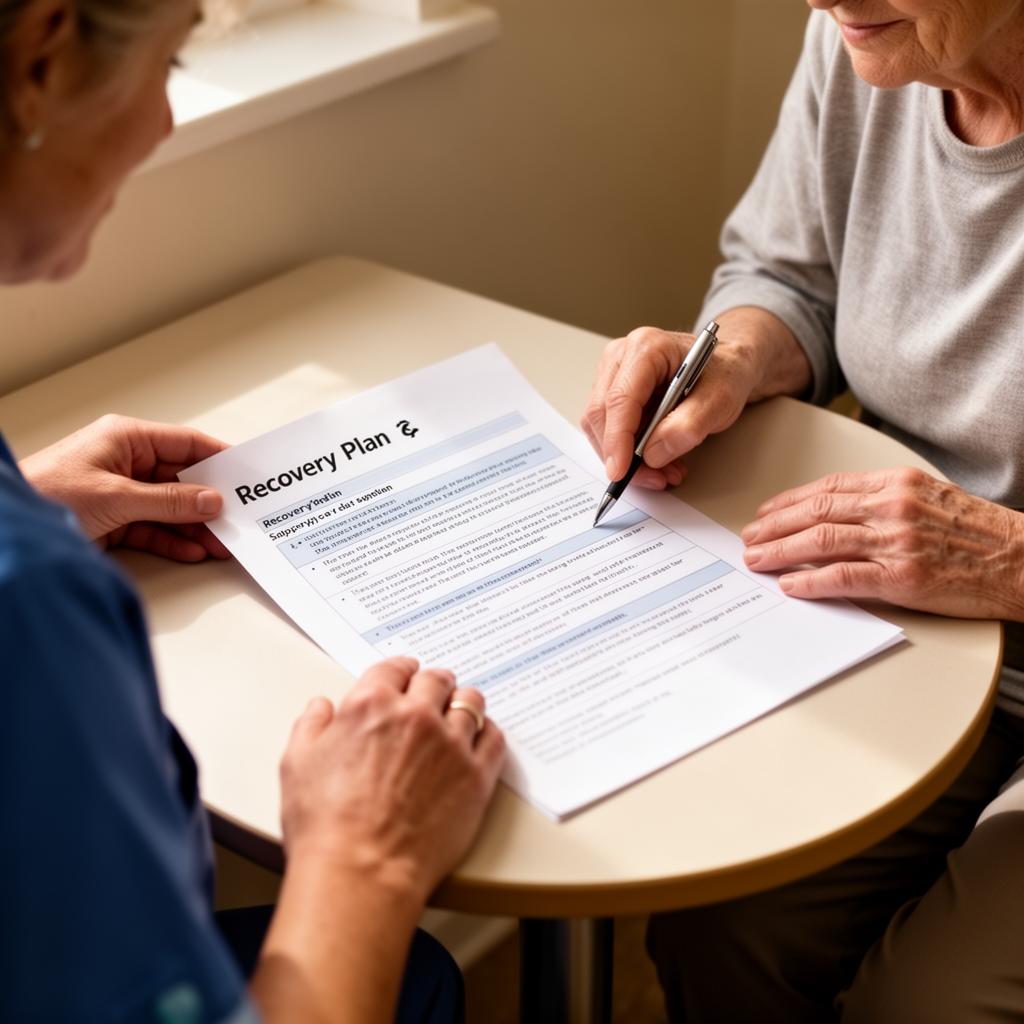 Support worker reviewing a recovery plan with a service user