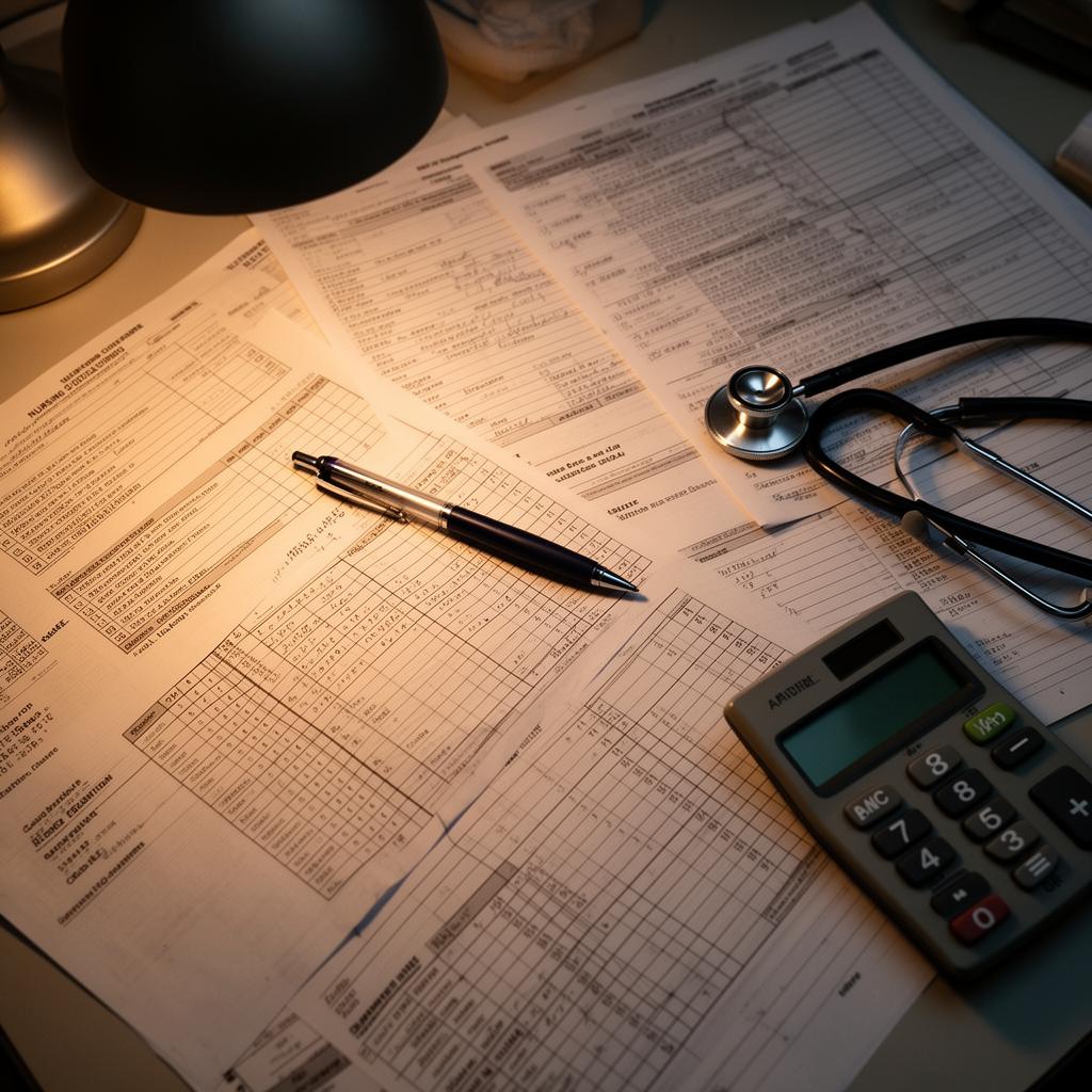 Nurse at a desk surrounded by paper observation charts and a laptop