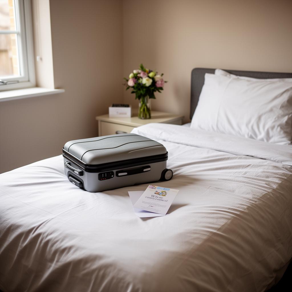 Welcome pack and small suitcase on a respite room bed