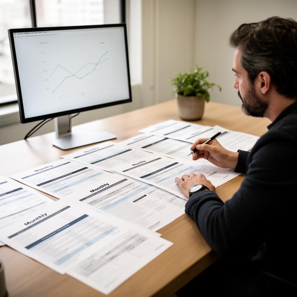 Director at a desk reviewing reports from multiple homes